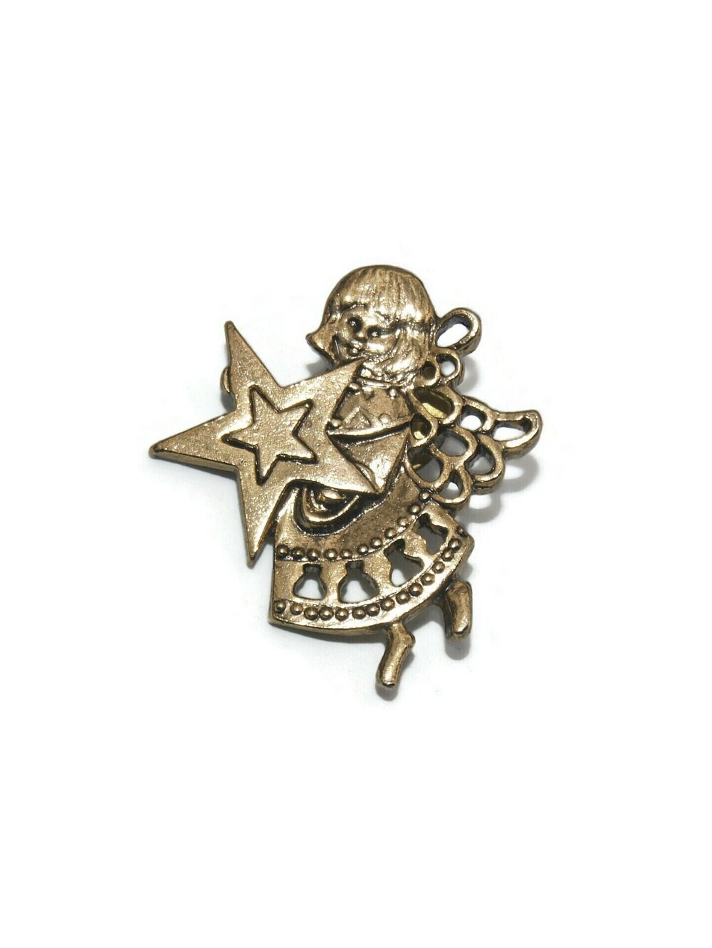 Vintage Gold Tone Angel and Star Christmas Lapel Pin.